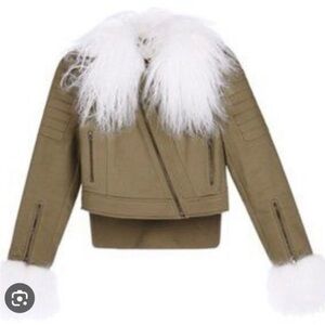 BCBGMaxAzria Runway Olive Jacket with White Fur Trim